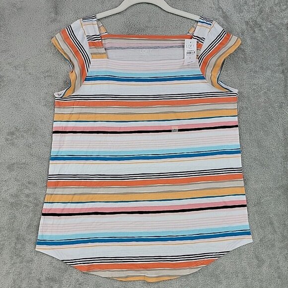 LOFT Top Womens Size S Multicolor Striped Flutter Cap Sleeve Cotton Modal NWT - Picture 1 of 7